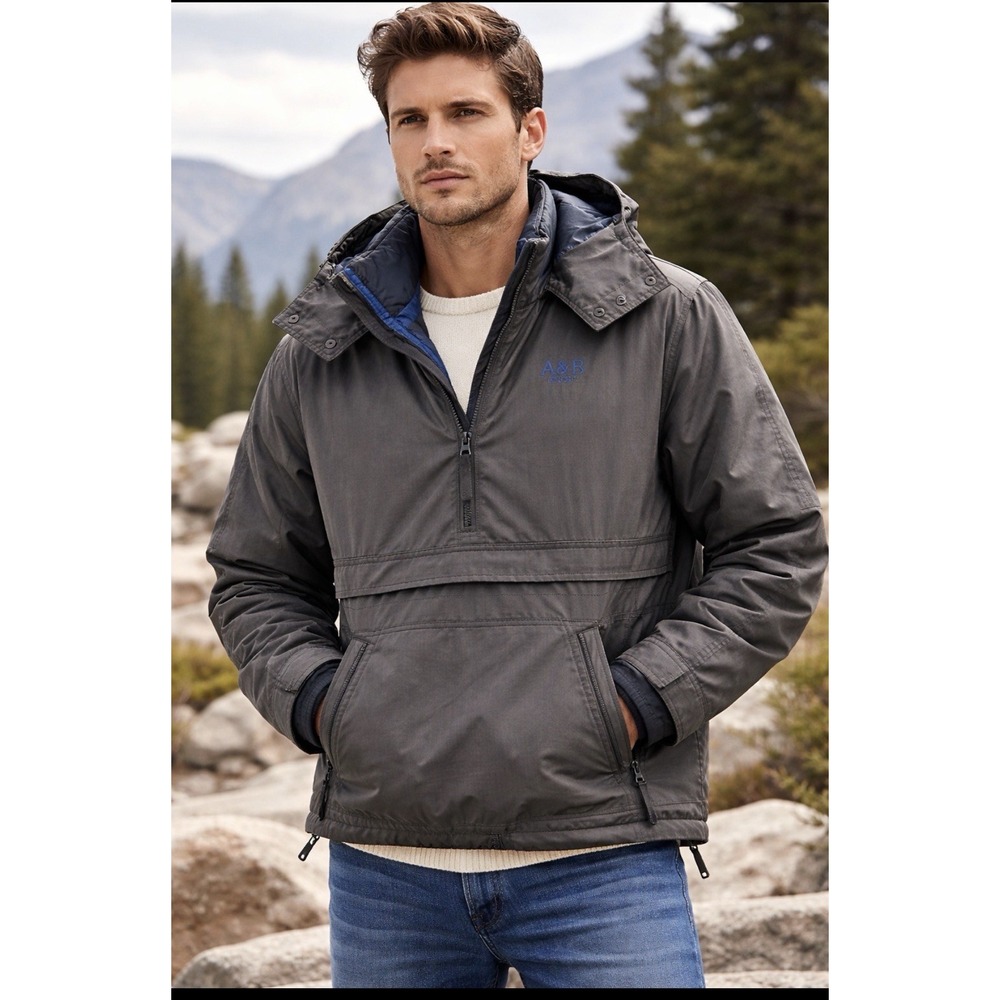 Abercrombie & Fitch Men's Insulated Anorak Jacket‎ Gray L Windbreaker Waterproof